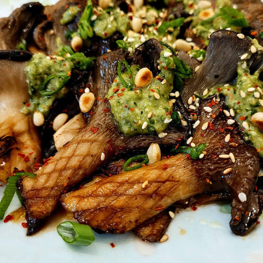 SOY BRAISED BLACK PEARL MUSHROOMS WITH SCALLION MINT SESAME PESTO